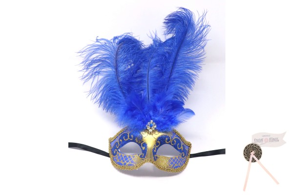 venezianische Kunststoffmaske mit Federn, gold-blau